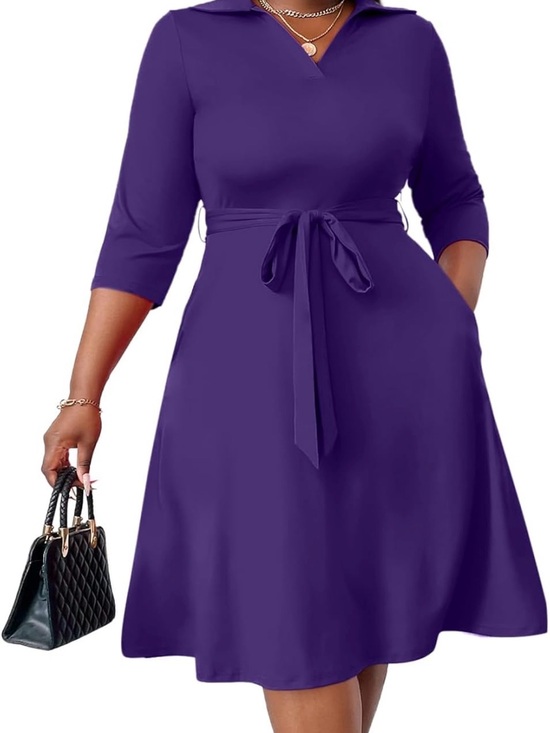 FANDEE Dresses & Skirts - FANDEE Women's Purple Collared Tie-Waist A-Line Dress